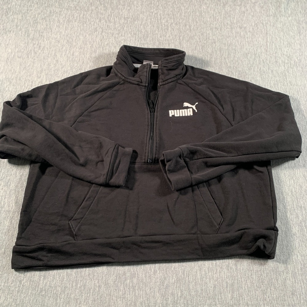 Puma 1/4 Zip Pullover Womens XL Black Cropped Fleece Logo Sweatshirt‎ Athletic